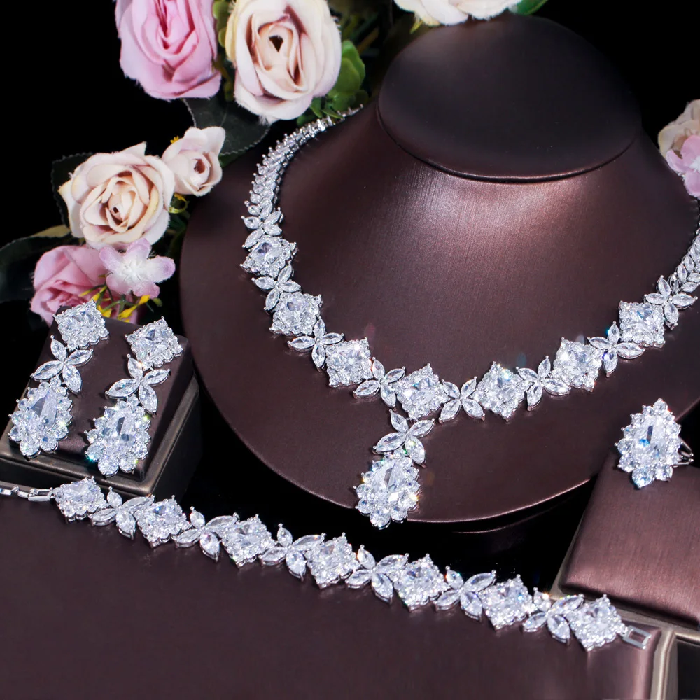 CWWZircons Luxury Big Green CZ Women Wedding Costume Jewellery Necklace 4 pcs African Dubai Bridal Party Jewelry Sets T597 | Украшения и