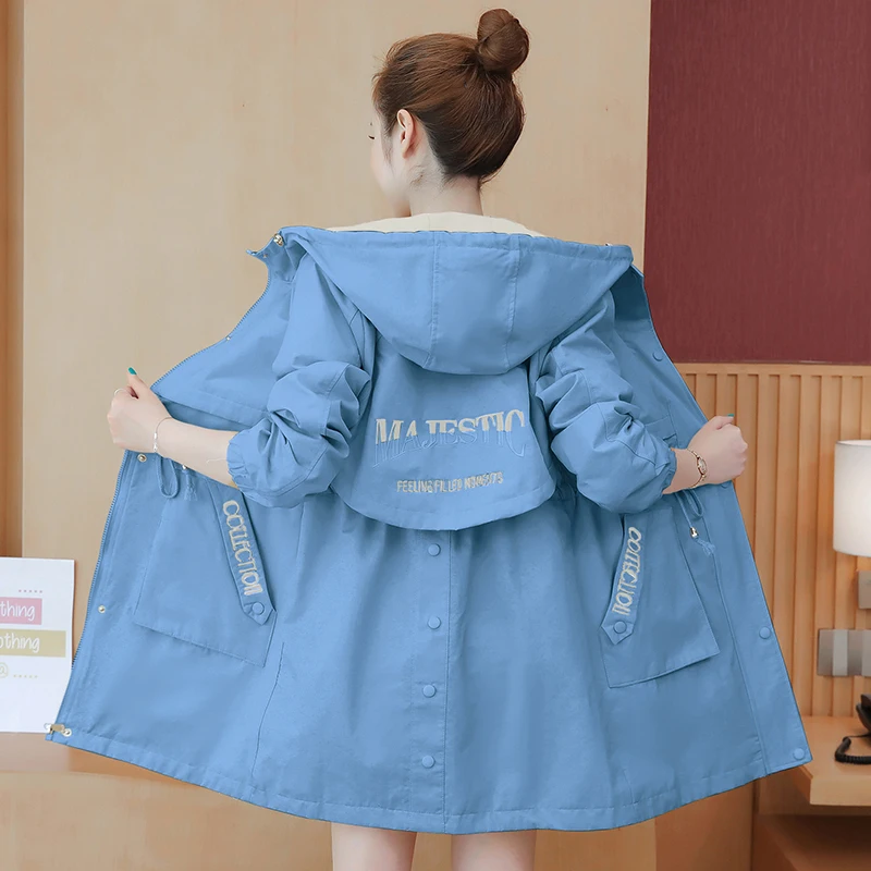 

Hooded Trench Coat Women 2020 New Spring Drawstring Slim Mid-Long Windbreaker Embroidery Button Loose Casual Female Outerwear