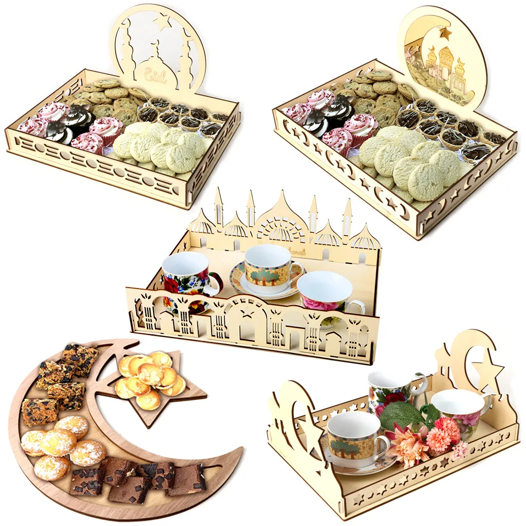 

1Pcs Wooden Eid Mubarak Party Serving Tableware Tray Display Decoration Ramadan Home Decor Wooden Dessert Tray