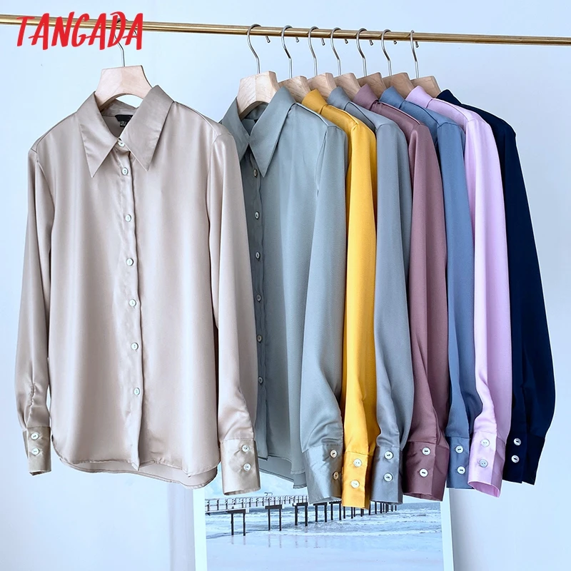 

Tangada Autumn Blouse Women England Style Fashion Simple Elegant Silk Colorful Solid Blusas 2020 Elegant Shirt Top 6D74