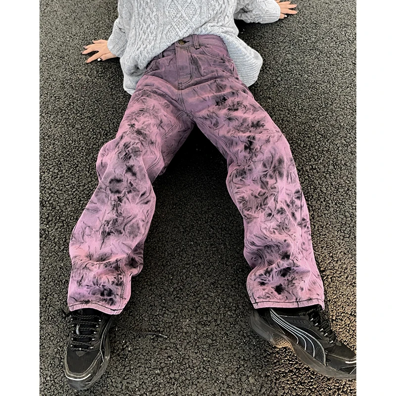 

Женские джинсы в стиле High Street Tie-Dye, весна-осень 2021, новые прямые широкие брюки большого размера с высокой талией