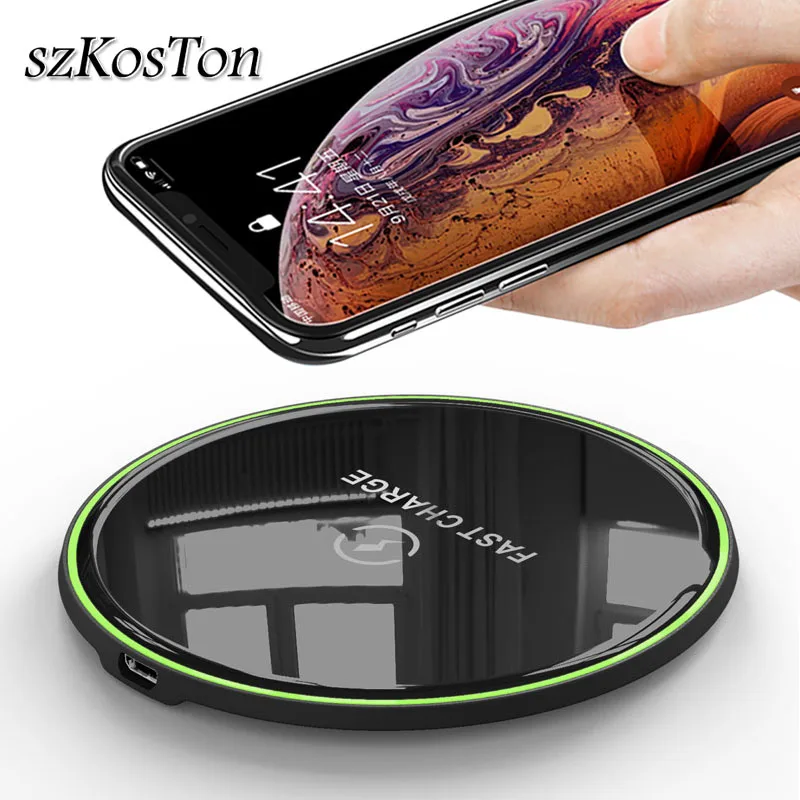 10 Вт Qi Беспроводное зарядное устройство для iPhone X XS Max XR 8 Plus светодиодный светильник стеклянная поверхность Беспроводная зарядная площадка для samsung S9 S10 Note 9 10