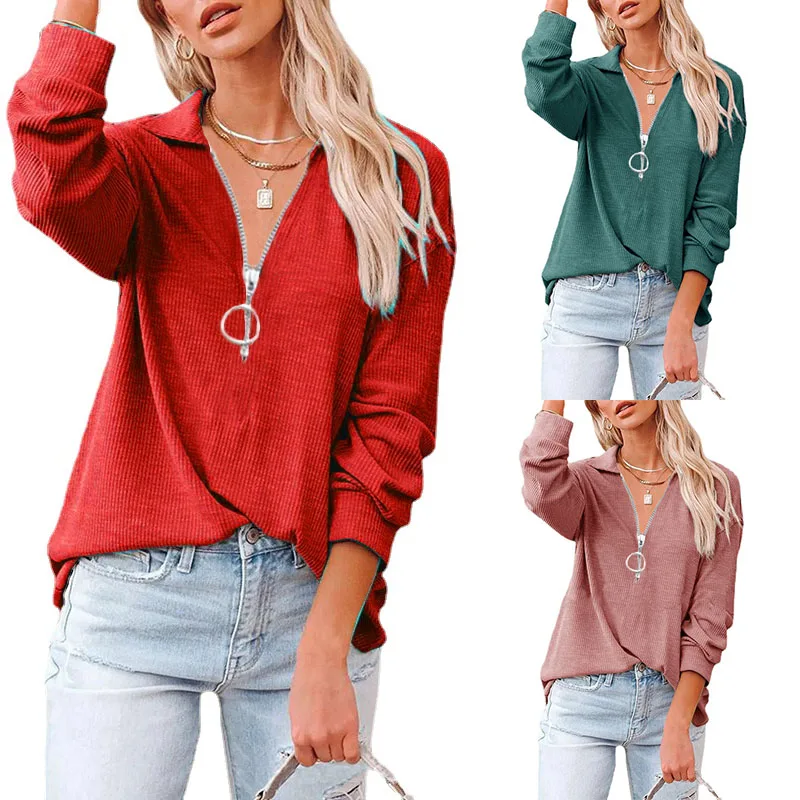 

Fashion Women's Casual Tops Solid Color Long Sleeve Shirts Zipper V-neck Sweatshirt Plus Size Tees Loose Striped T-shirt