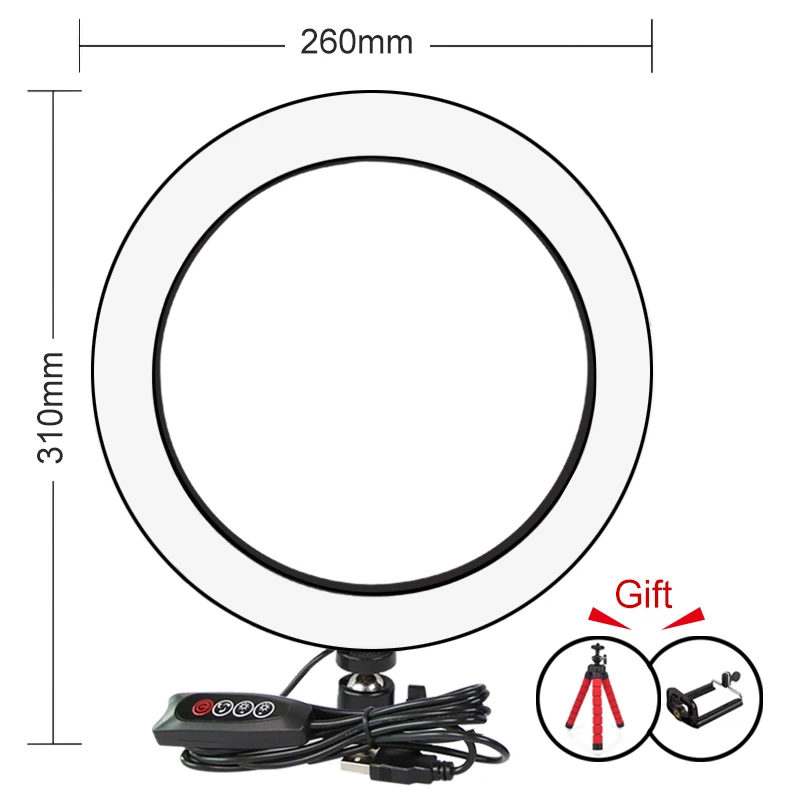 26cm Ring Light Светодиодный кольцевой светильник для селфи с регулируемой яркостью для фотосъемки, для макияжа, видео, фотостудии, кольцевая лампа с держателем штатива для вашего мобильного телефона - Цвет: 26cm Ring Light