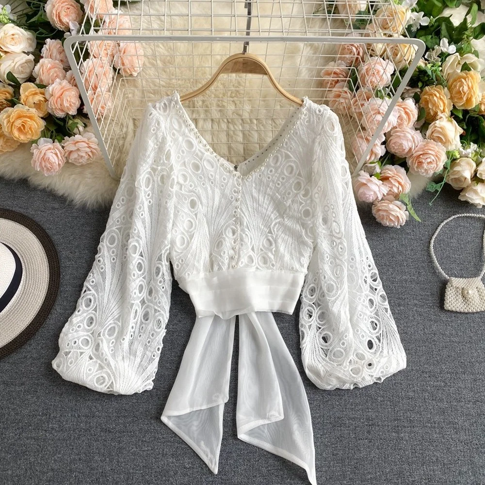 

Women's Lace Hollow Out Shirt Top Lace Puff Sleeves Waist Short Nail Beaded Shirt Office Lady Full Solid V-Neck Shirt for Woman