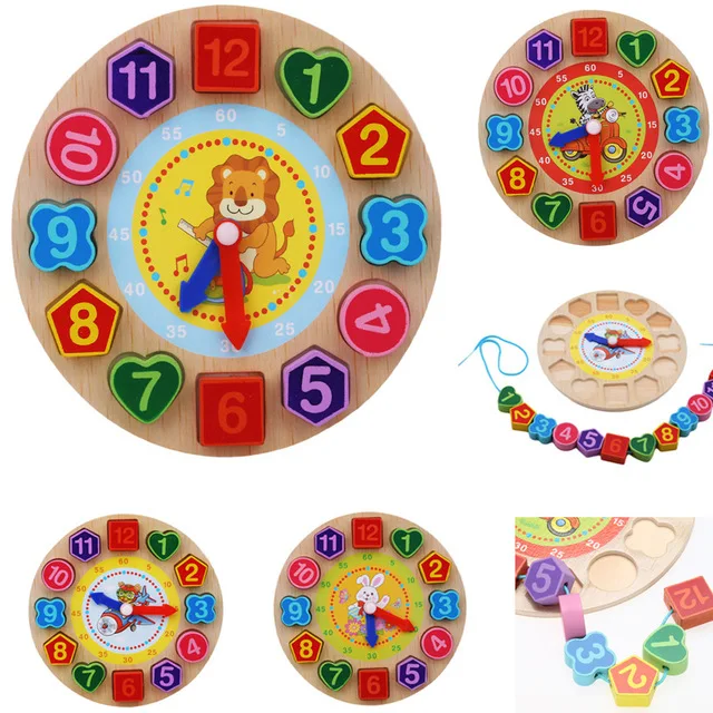 

Kids Wooden Puzzle Toys Tangram Cognitive Digital Clock Digital Wood Watch Jigsaw Toys Education Cartoon Threading Assembly Toys