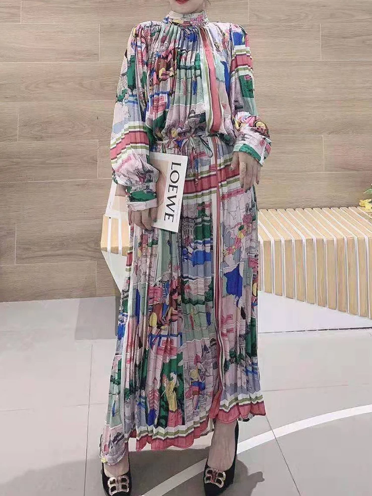 

Multi-color retro print geometric pattern half-high collar draped pleated loose hem dress ladies autumn new style breathable