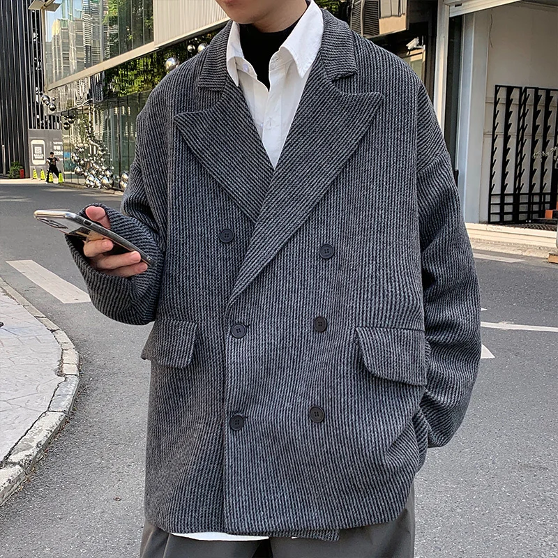 

Oversized Woolen Coat Men's Fashion Casual Buttoned Woolen Coat Men Korean Loose Casual Striped Short Woolen Coat Mens Overcoat