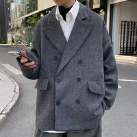 oversized woolen coat mens fashion casual buttoned woolen coat men korean loose casual striped short woolen coat mens overcoat