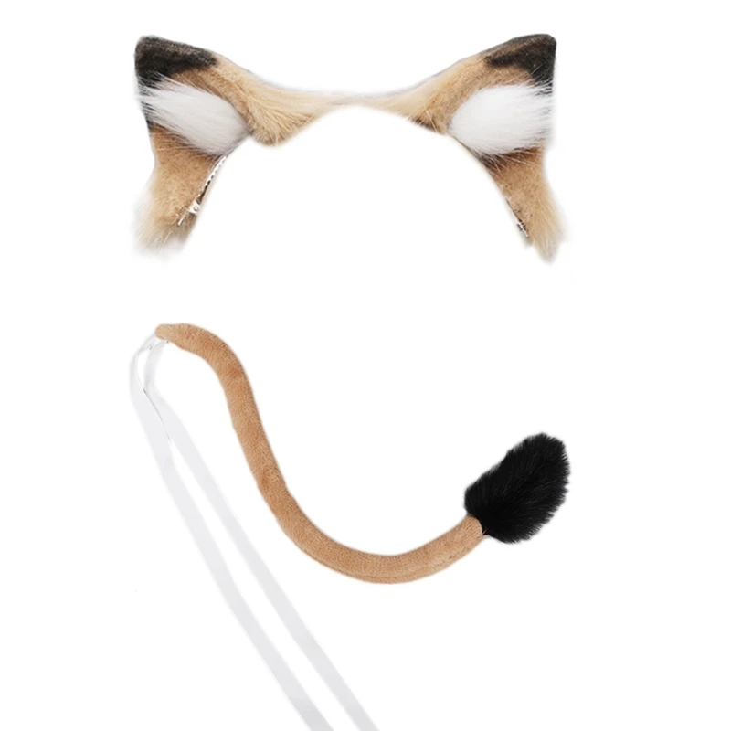 

Long Fur Animal Lion Ears Headdress Tail Set Plush Lolita Headwear Anime for Halloween Christmas Cosplay Accessories