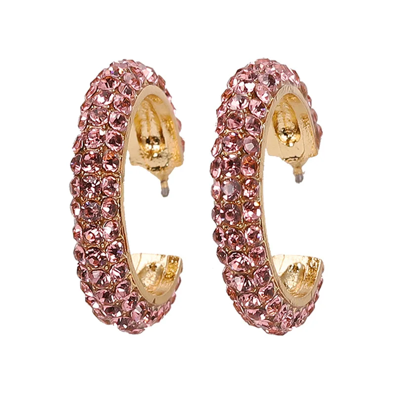 Pink Новинка, базовые серьги, розовые, черные, синие, шампанские, полные стразы, маленькие серьги-кольца для женщин, ювелирные изделия для свадебной вечеринки - Окраска металла: Pink