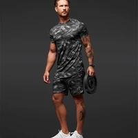 hot style mens short sleeves tops pants new summer fitness casual camouflage tracksuit two piece set bodybuilding clothing