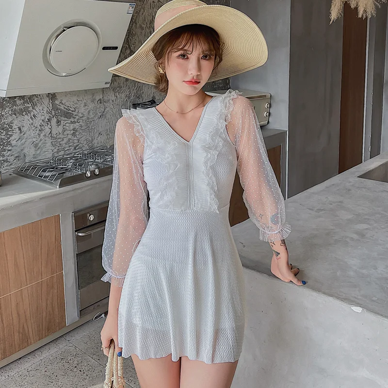 

2021 Summer Sexy Swimsuit One Piece Swimming Suit Large Size 5XL Korean Ladies Monokini Ruffles Long Sleeve Swimwear Swim Dress