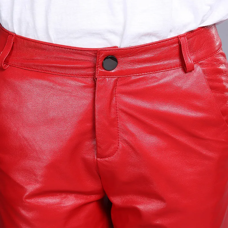 

Office Lady Natural Leather Trousers High Waist Slim Fit Leather Pencil Pants Women Plus Size Elegant Red Sheepskin Long Pants