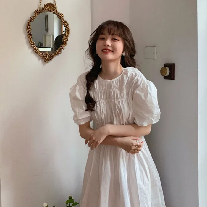 

Dress Fairy 2020 New Summer Puff Sleeve White Super Mori Long Dress Temperament Waist-Controlled Slimming Dress