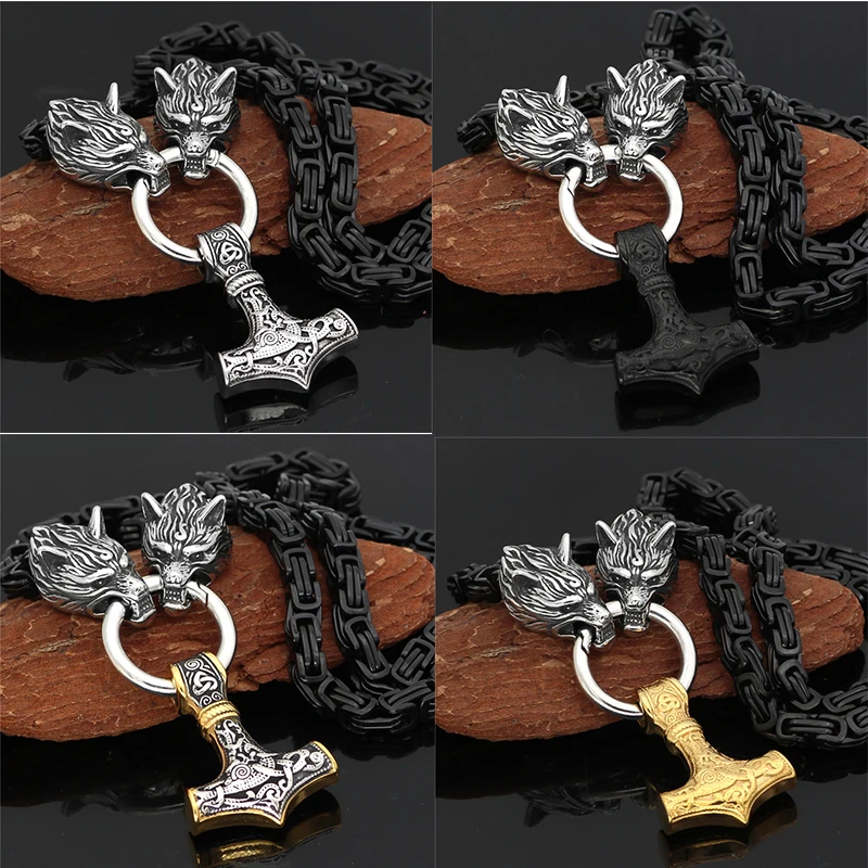 

Men Stainless Steel Wolf Head Norse Viking Amulet Thor Hammer Pendant Necklace Viking King Chain Necklace Amulet Jewelry 50-70cm