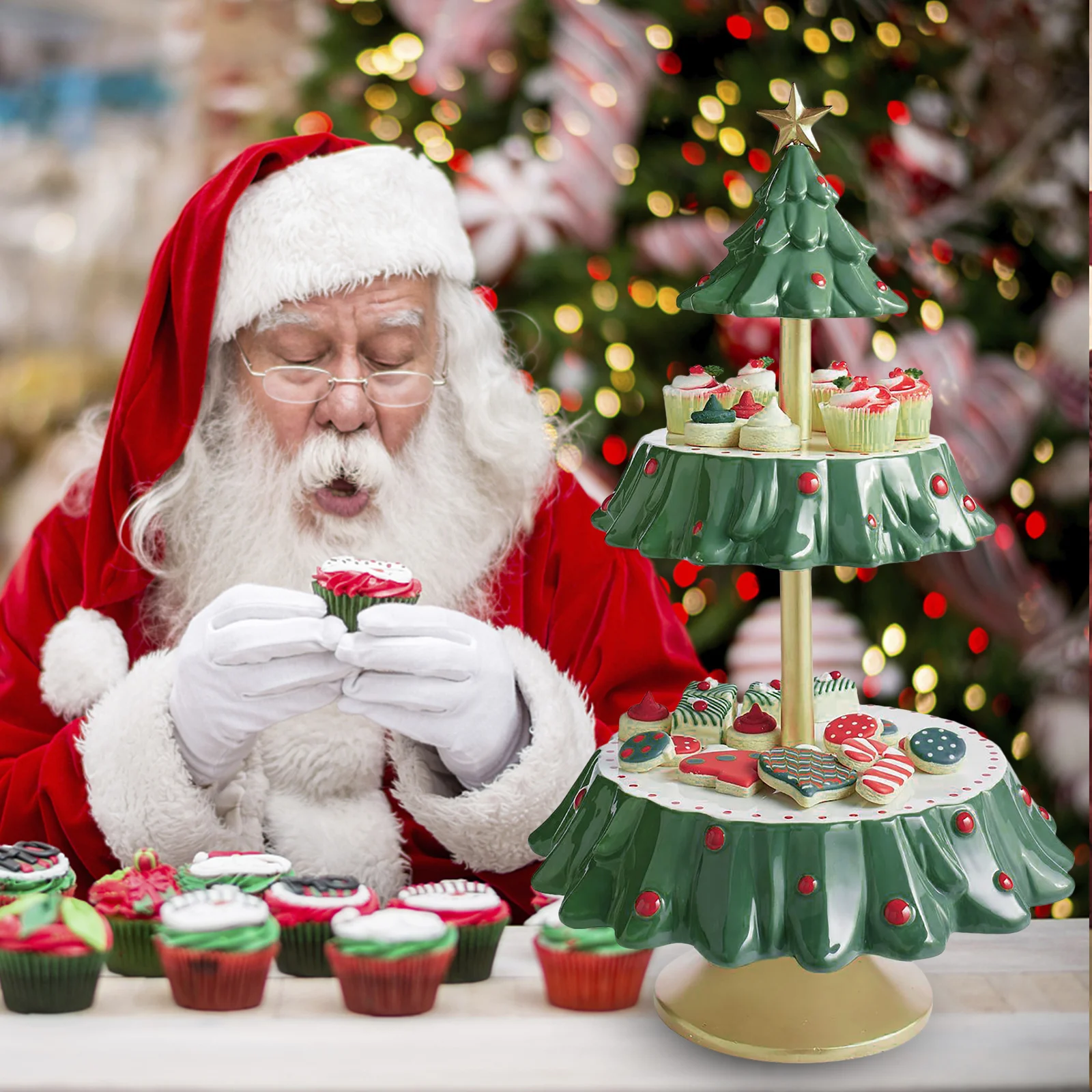 

2021 Рождественская елка, десертный стол, тарелка для фруктов, двухслойная подставка для торта, праздничная вечеринка, конфетница, Рождествен...