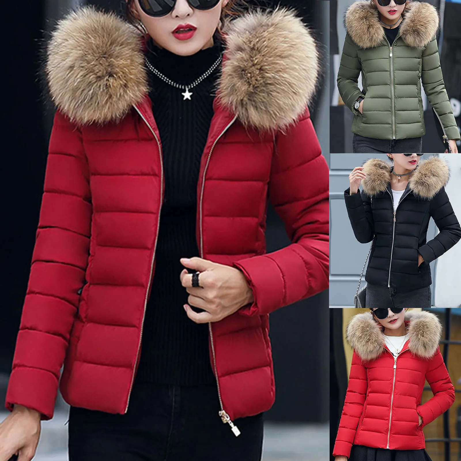 

2021 Women's Autumn And Winter Warm Coat Warm Cotton Padded Clothes Large Wool Collar Thick Coat Slim Cotton Padded Parkas