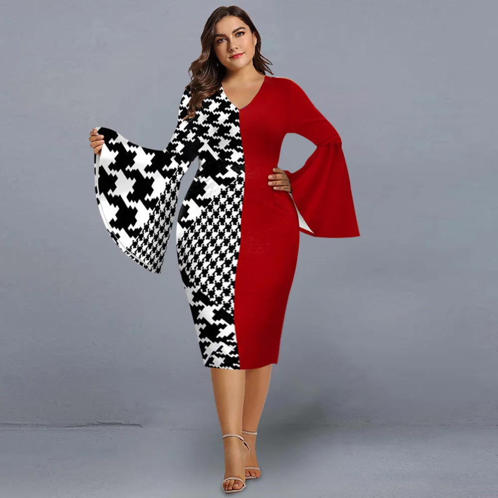 

Plus Size Dresses 2022 Elegant Geometric Print New Year Evening Party Dress V Neck Flare Sleeve Club Outfits Women's Clothing