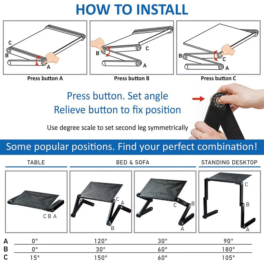 Стол для ноутбука Регулируемый алюминиевый эргономичный портативный столик