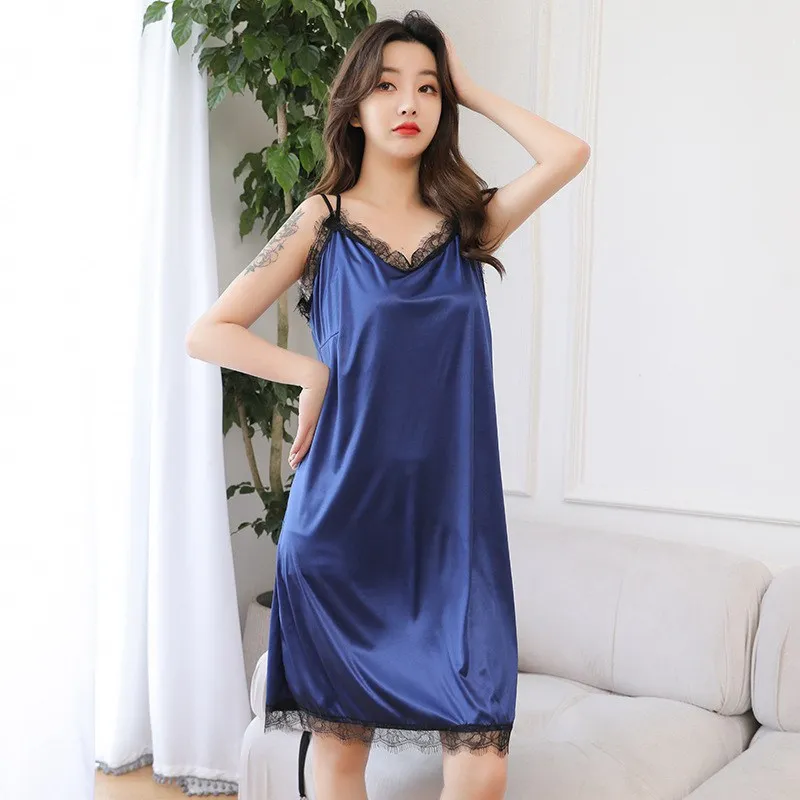 

Sleepwear Nightwear Sleeveless Nighties V-neck Nightgown For Sexy Women Silk Satin Night Dress Nightdress Lace Ladies Sexy