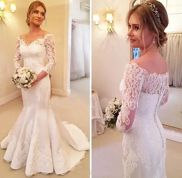 

satin Lace Long Sleeves Wedding Dress Sexy Off The Shoulder Bridal Gowns Covered Buttons Sweep Train Wedding Dresses plus size