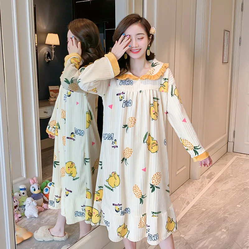 

Autumn Winter Women Kawaii Homewear Nightgowns Cartoon Printing Nightwear Sweet Princess Long Sleeve Sleepwear Loose Sleepdress