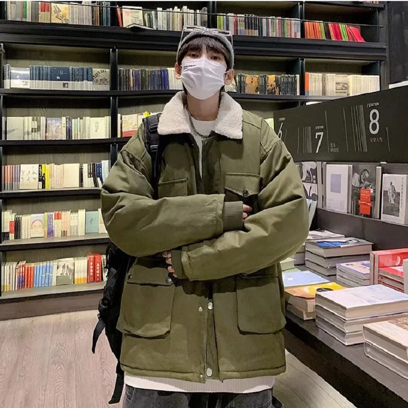 Japanese Retro Tooling Cotton-padded Jacket Men's Multi-pocket Loose Coat Imitation Lamb Fur Collar American Winter Jacket Men