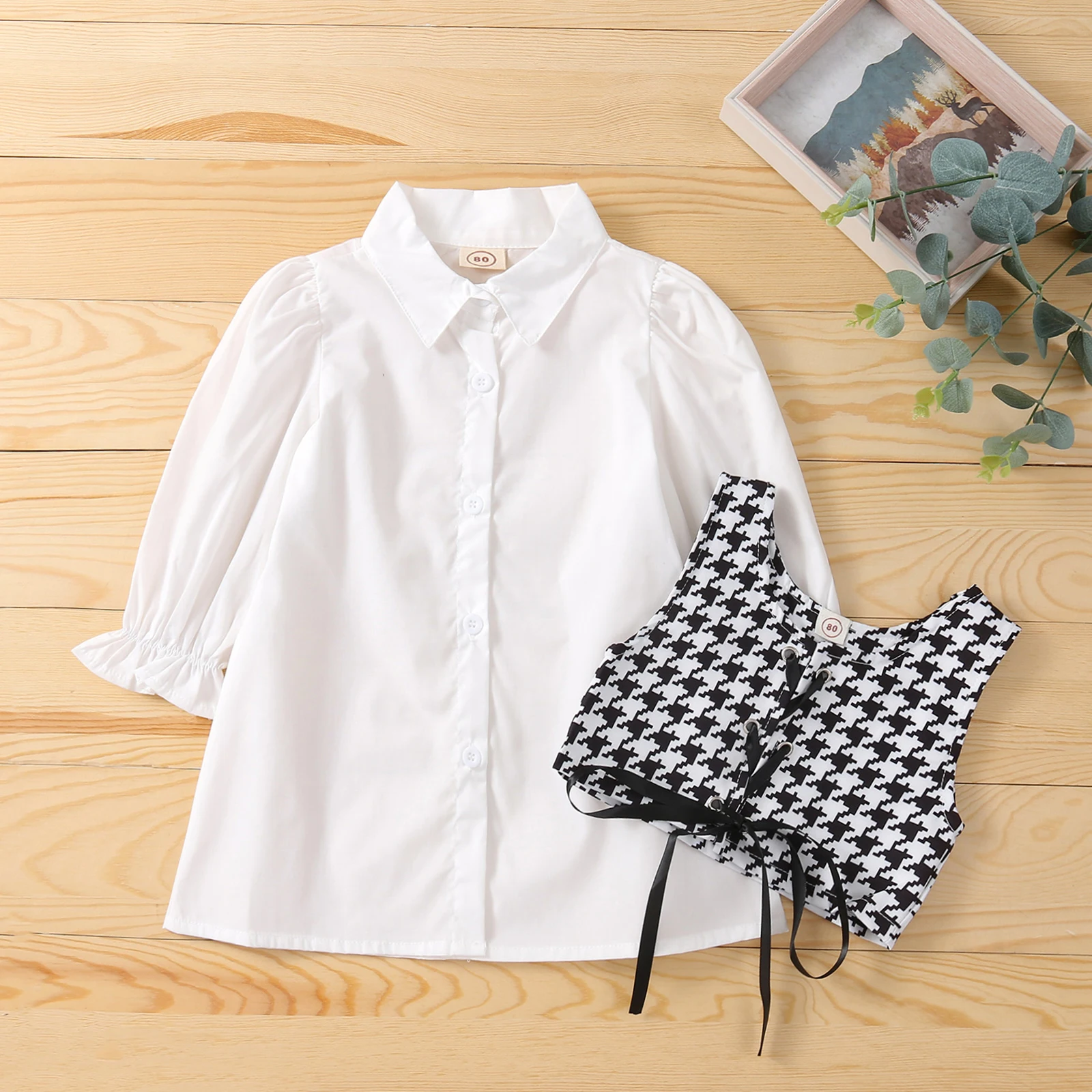 

2Pcs Children's Sets Solid Bubble Sleeve Turn-down Collar Shirt Dress Plaid Print Lace Up Vest Toddler Girl Spring Fall Clothing