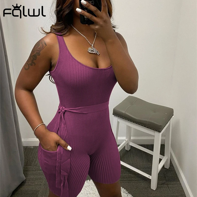 Женский комбинезон с поясом FQLWL Черный Повседневный цельный без рукавов в рубчик