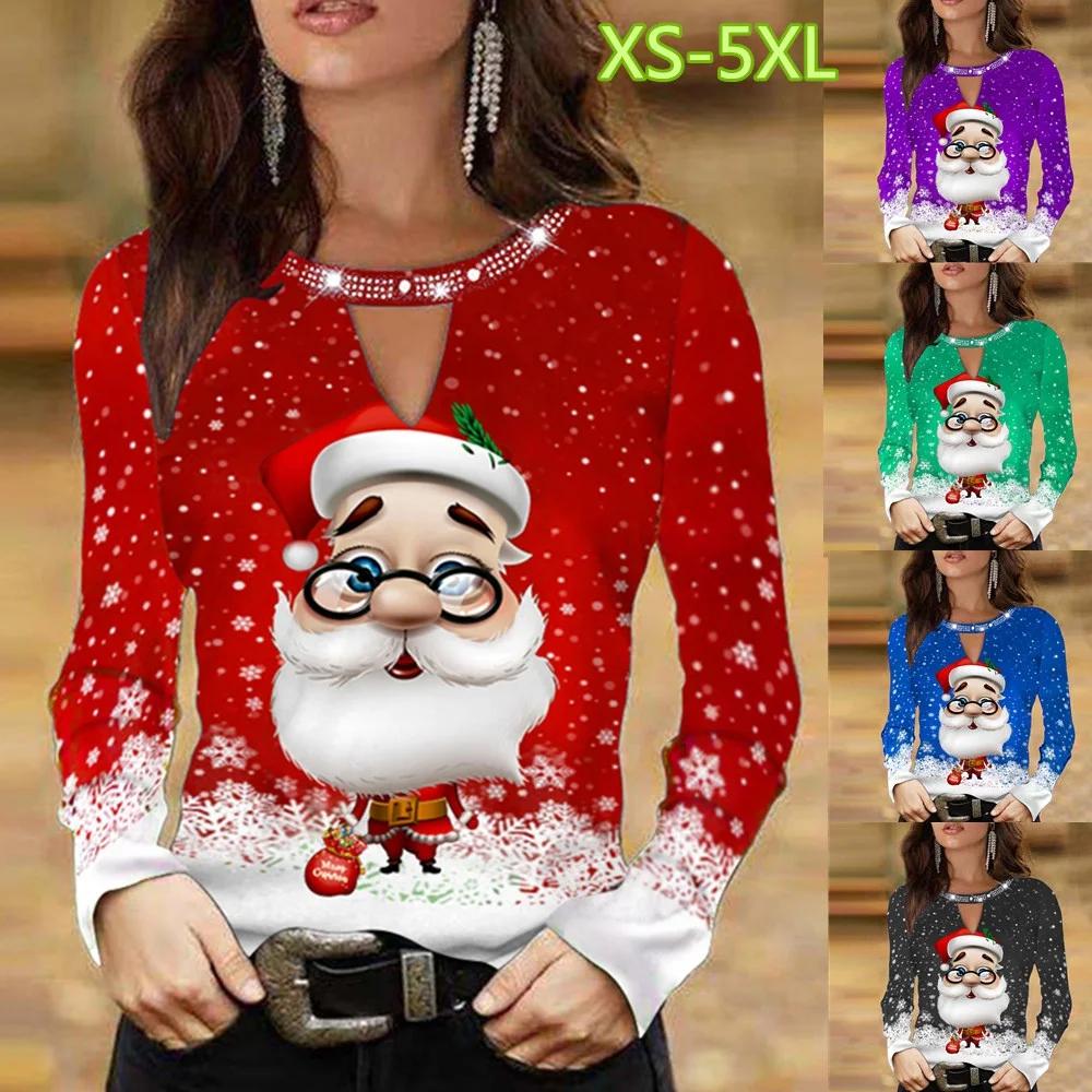 

Christmas Clothes 2022 New Fashion Women's Santa Claus Print Long-sleeved Small V-neck Casual Plus Size Blouse T-shirt XS-5XL