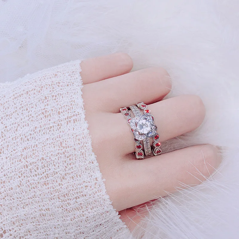

3 pieces / set of Austrian crystal rose charm ring fashion banquet party CZ inlaid red garnet leisure / travel women's jewelry