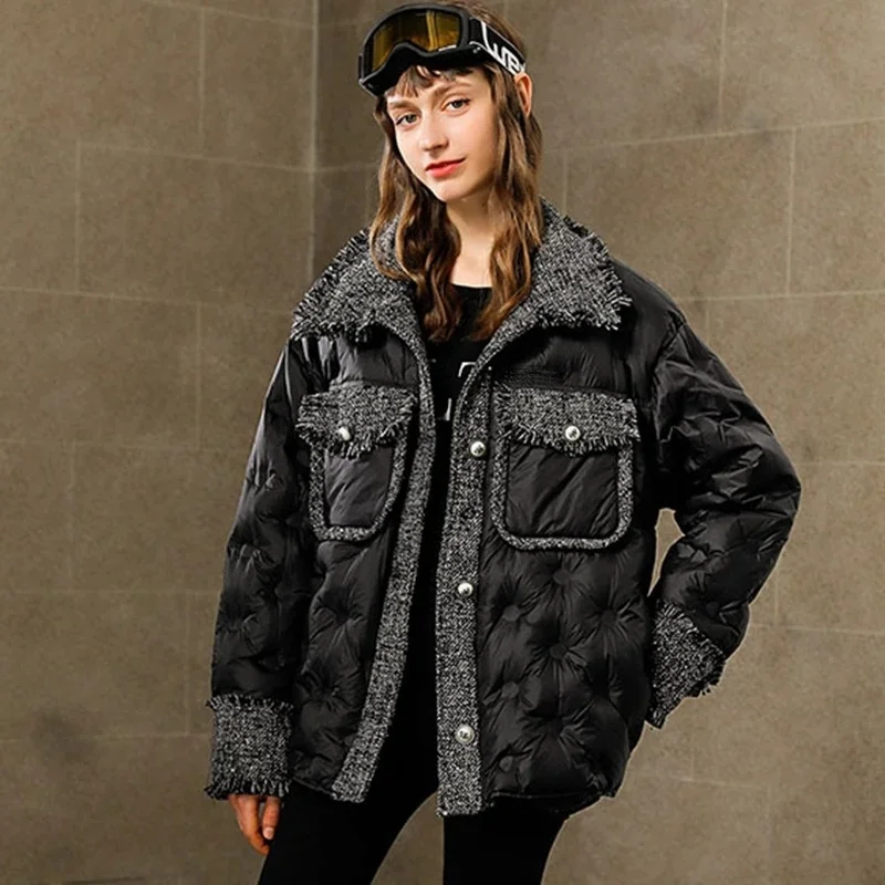 

2021 Winter New Fashion Women Lightweight White Duck Down Coats Female Tweed Short Puffer Jackets Black Casual Ladies Outwear