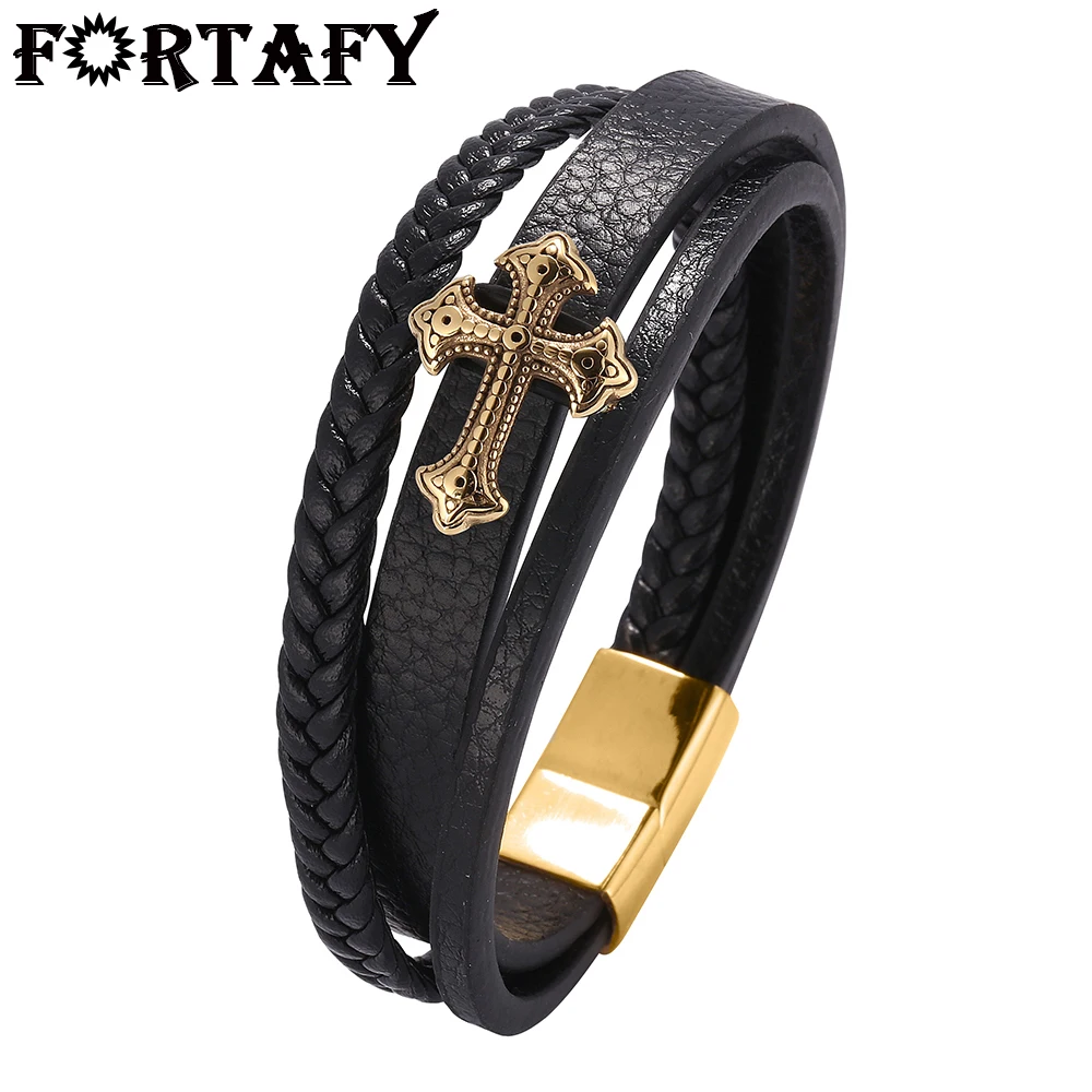 

FORTAFY Trendy Male Jewelry Multilayer Leather Bracelet Men Golden Cross Stainless Steel Magnetic Buckle Charm Bangles FR0675