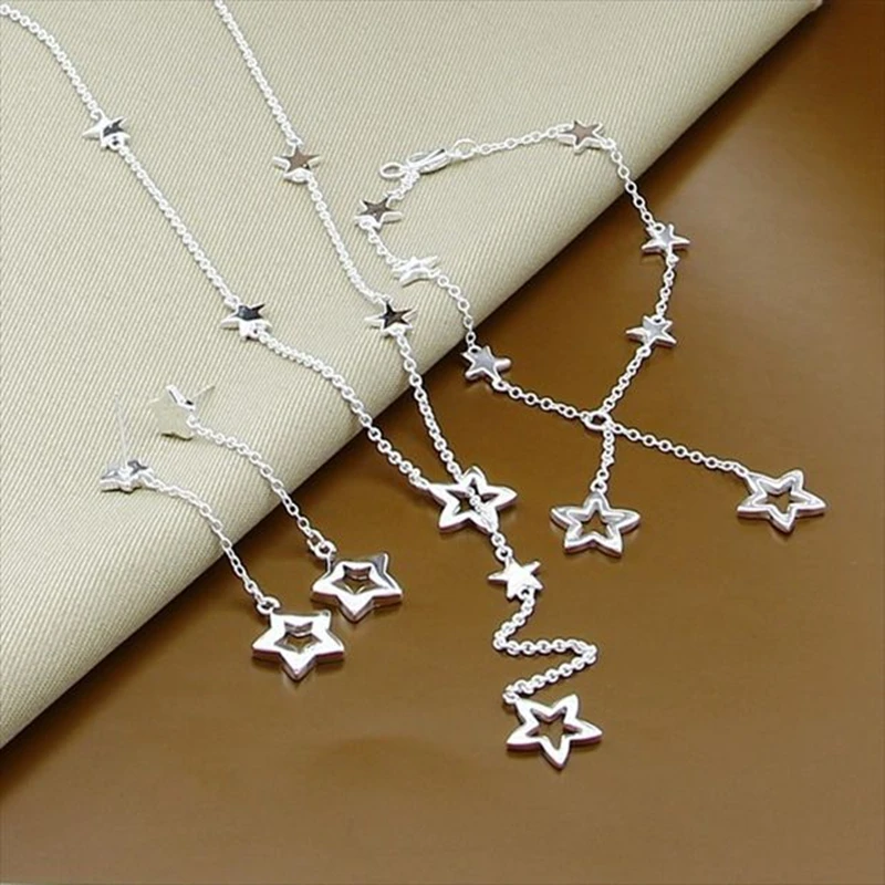 New Style 925 Sterling Silver Set Star Earrings Bracelet Necklace For Women Engagement Party Wedding Fashion Charm Jewelry | Украшения и