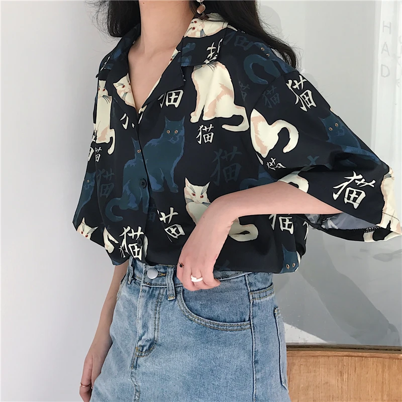 

Chinese Letter Cat Printed Casual Loose Turn Down Collar 2021 NewHot Sale Button Line Female Women Short Sleeve Holiday Shirts