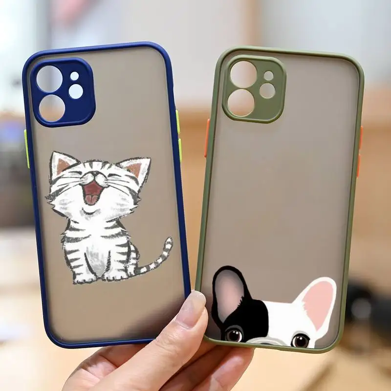 

Cute Cartoon Cat Dog Phone Case For iPhone 12 11 Mini Pro XR XS Max 7 8 Plus X Matte transparent Back Cover