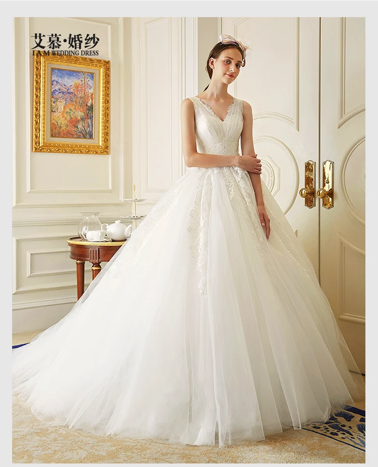 

vestido de noiva New Arrival 2016 Simple cheap sexy v-neck bride lace Wedding Dress white tulle ball gown appliques beading