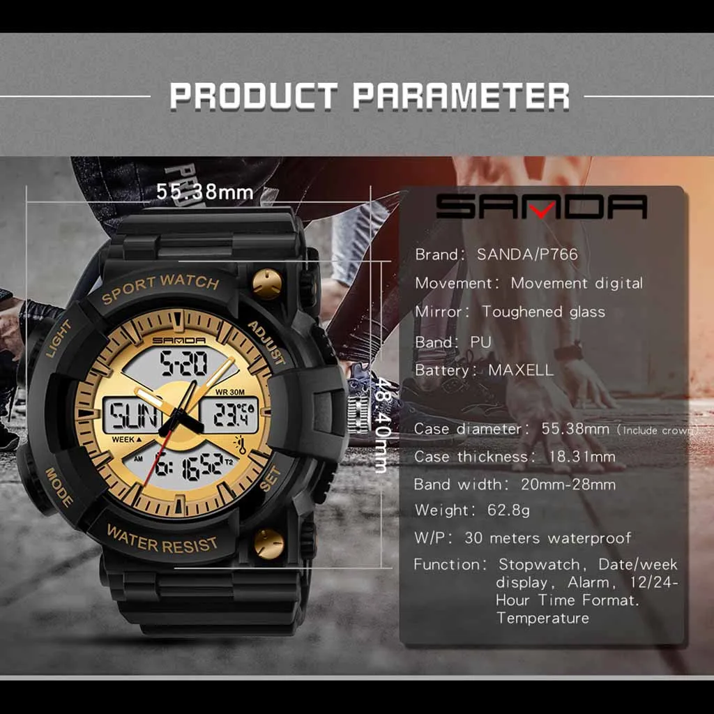 

Zegarek Fashion Men Waterproof Watches Dual Display Analog Digital Led Watches Male Electronic Wrist Clock Reloj Hombre Homme