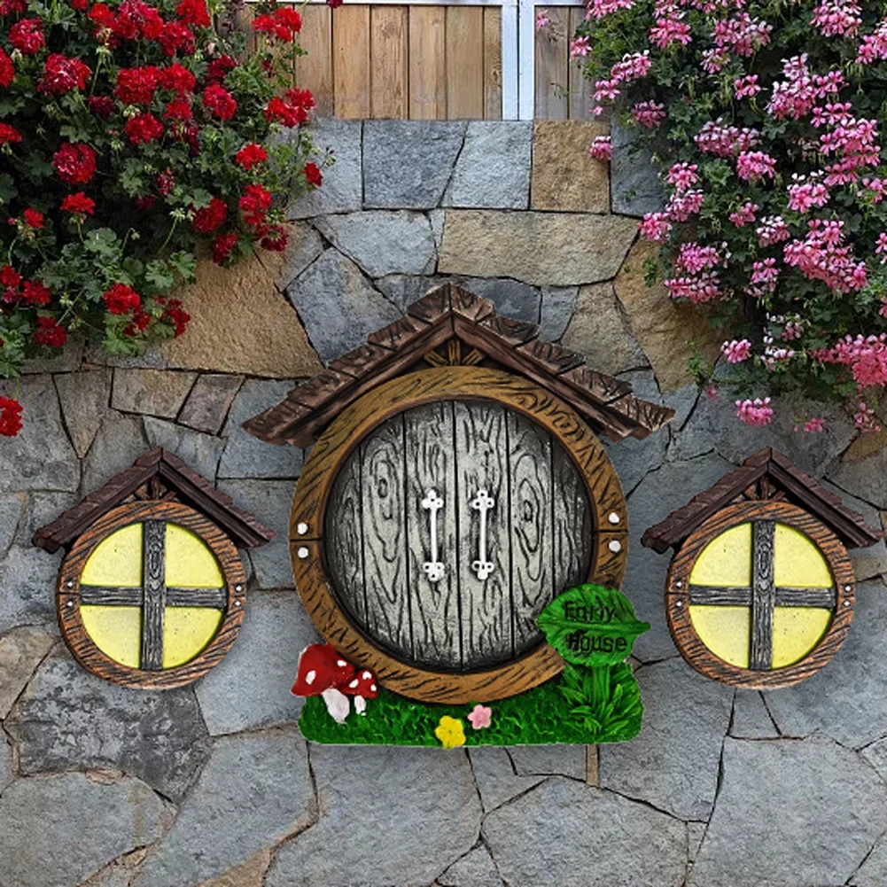

Sculpture Kids Room Gnome House Outdoor Ornament Cute Resin Yard Art Luminous Miniature Fairy Window Door Garden Decor For Trees
