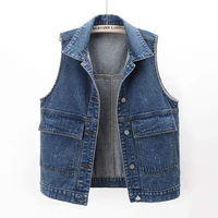 black frayed short denim vest women summer vintage waistcoat big pocket sleeveless jacket plus size loose jeans vests female 5xl