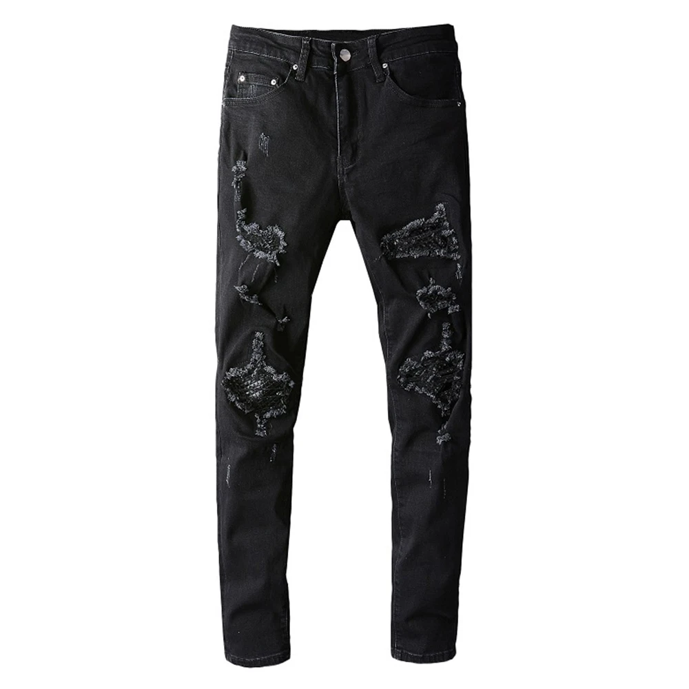 

Мужские рваные джинсы Gzdeerax, черные облегающие Стрейчевые джинсовые брюки в уличном стиле с кожаными вставками, большие размеры 40