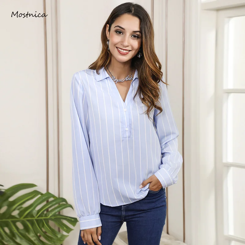 

Mostnica Women OL Striped Shirt Turn Collar Button Long Sleeves Blouse Woman 2020 Spring Solid Skinny Casual Tops Workwear