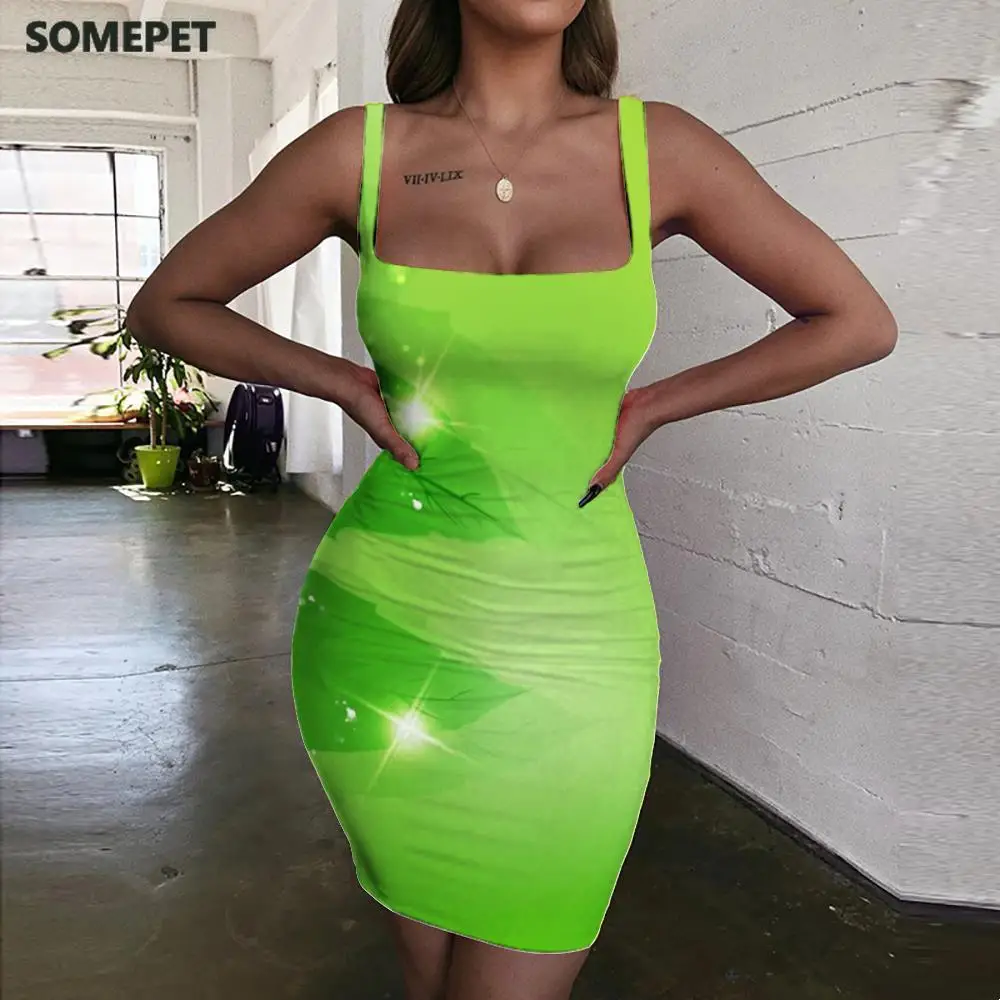 

SOMEPET Leaf Dress Women Green 3d Print Psychedelic Halter Sleeveless Art Ladies Dresses Womens Clothing Plus Size Vintage Beach