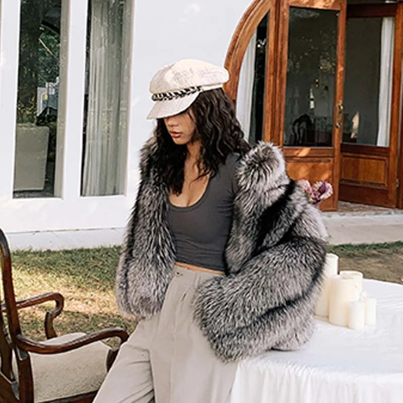 BFFUR 2022 New Winter Real Fur Coat Women Fashion Natural color Silver Fox Fur Short Stand-Up collar Overcoat Female Luxury
