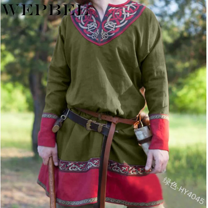 

WEPBEL Men Shirt Robe Vikings Celtics Norman Warrior Pirate Knight Male Tops Medieval Costume Ethnic Cosplay Tunic Dress