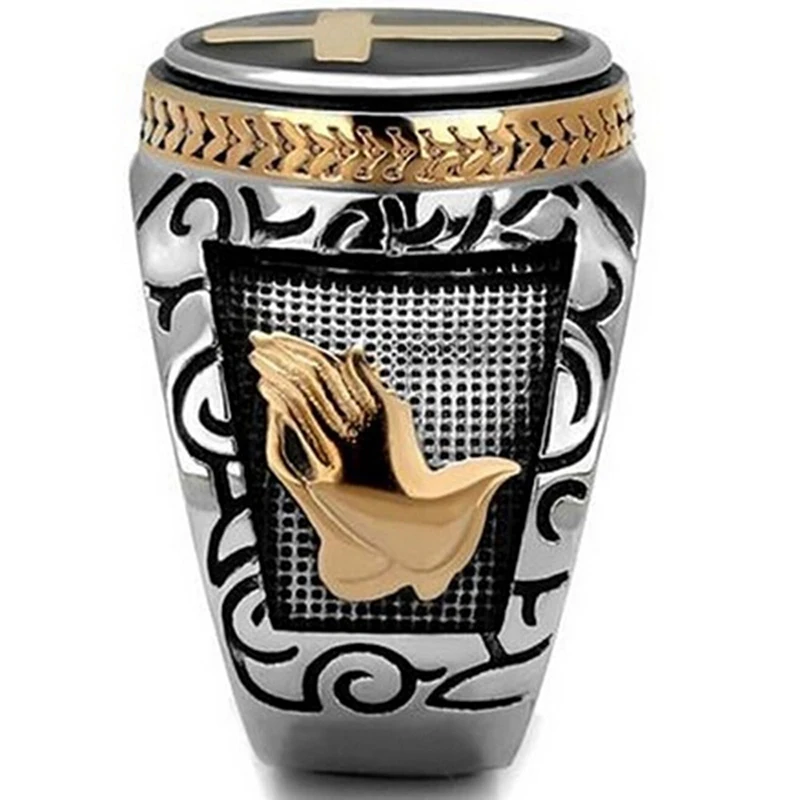 

Fashion Male Cross Two-Tone Ring Punk Cool Black Oil Painting Hand of God Totem Finger Rings Hip Hop Jewelry Z3P497