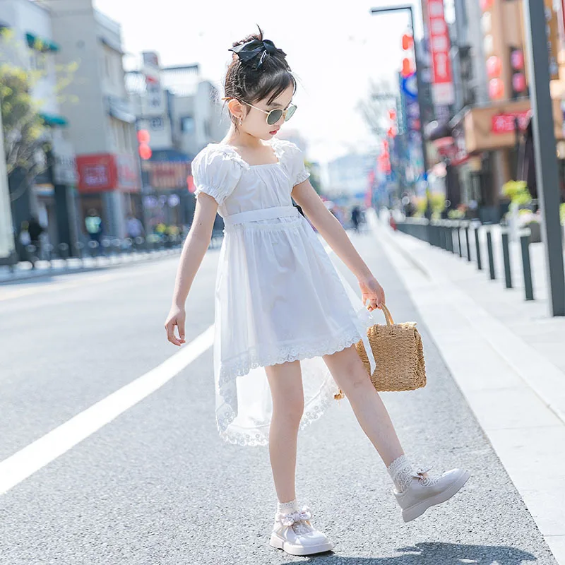 

Teens Girls Summer Light Dresses Fashion Puff Sleeve Irregular White Dress for Children Clothes Black Cool Girl Fishtail Dress