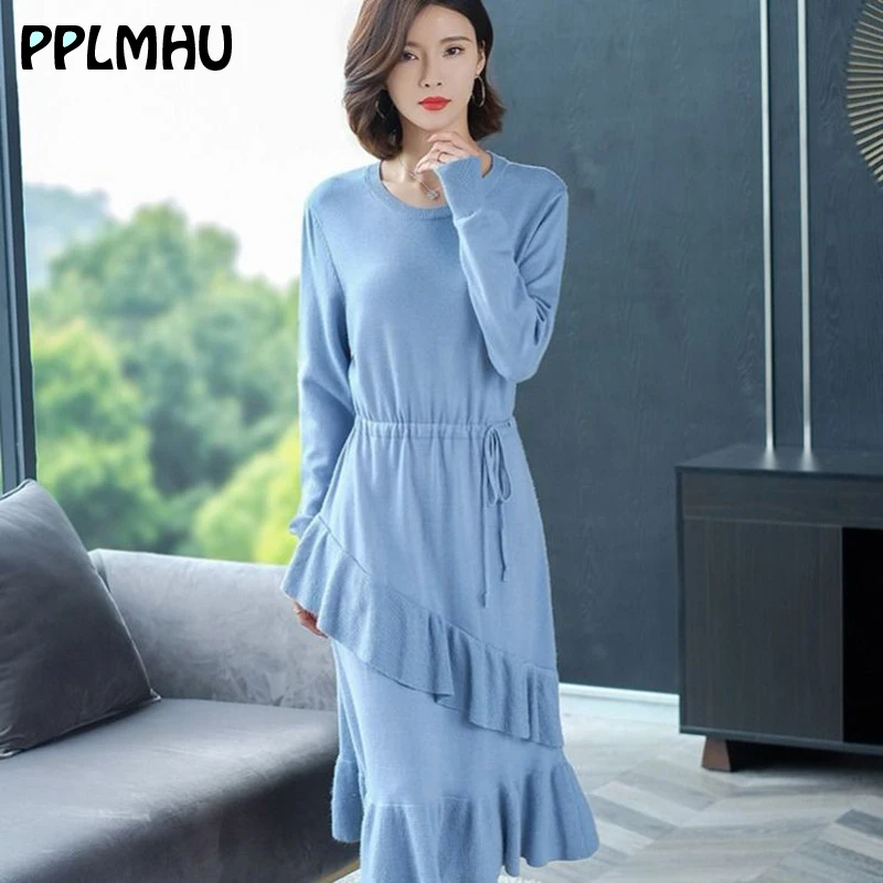 Fashion korean Ruffle knitted dress women casual Plus size slim Drawstring waist elegant a-line winter sweater party | Женская одежда