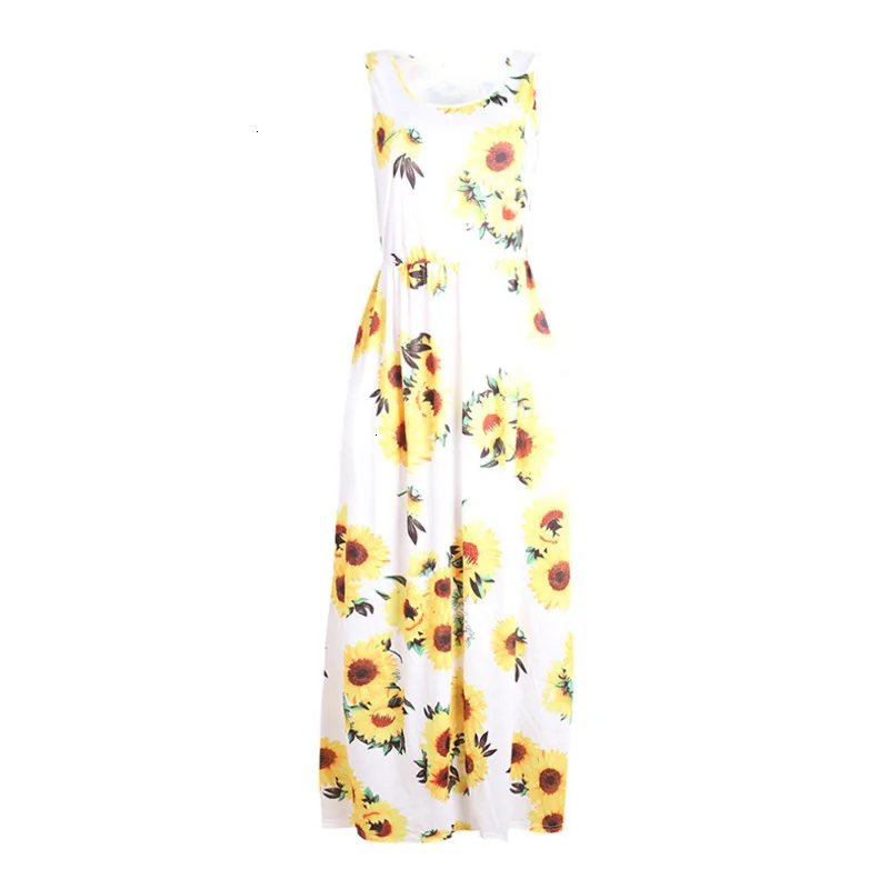 Boho Holiday Summer Female Beach Dress A Line Tank Sleeveless High Waist Long Floral Print Pocket Maxi Q |